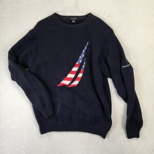 Nautica Mens Navy Blue Cotton Crewneck Sweater American Flag Sail Graphic Large